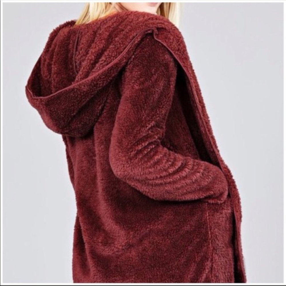 Hooded Teddy Fleece Cardigan In Merlot Red - Picture 3 of 4